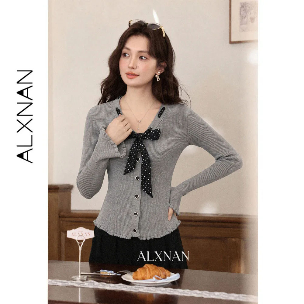 ALXNAN Grey Knit Sweater Women Fall V‑neck Ruffle Hem Polka‑dot Bow Design Pullover Heart‑shaped Metal Button Short Top L678117A