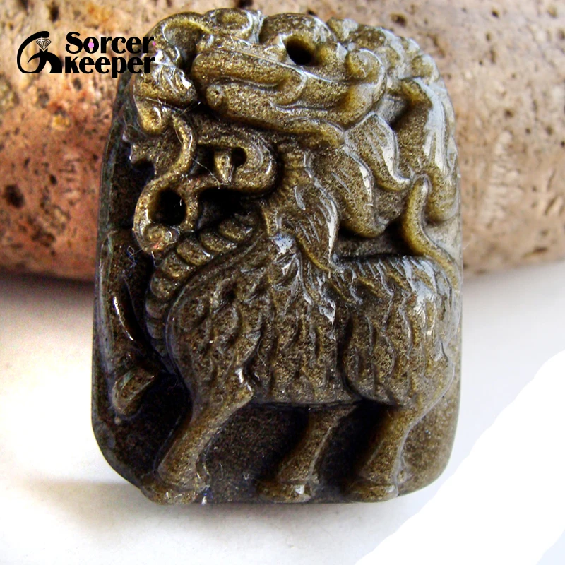 Hand Carved Dragon Head Horse Men Jewelry Natural Gold Obsidian Stone Pendant Necklace Wholesale Fashion Jewelry DS325