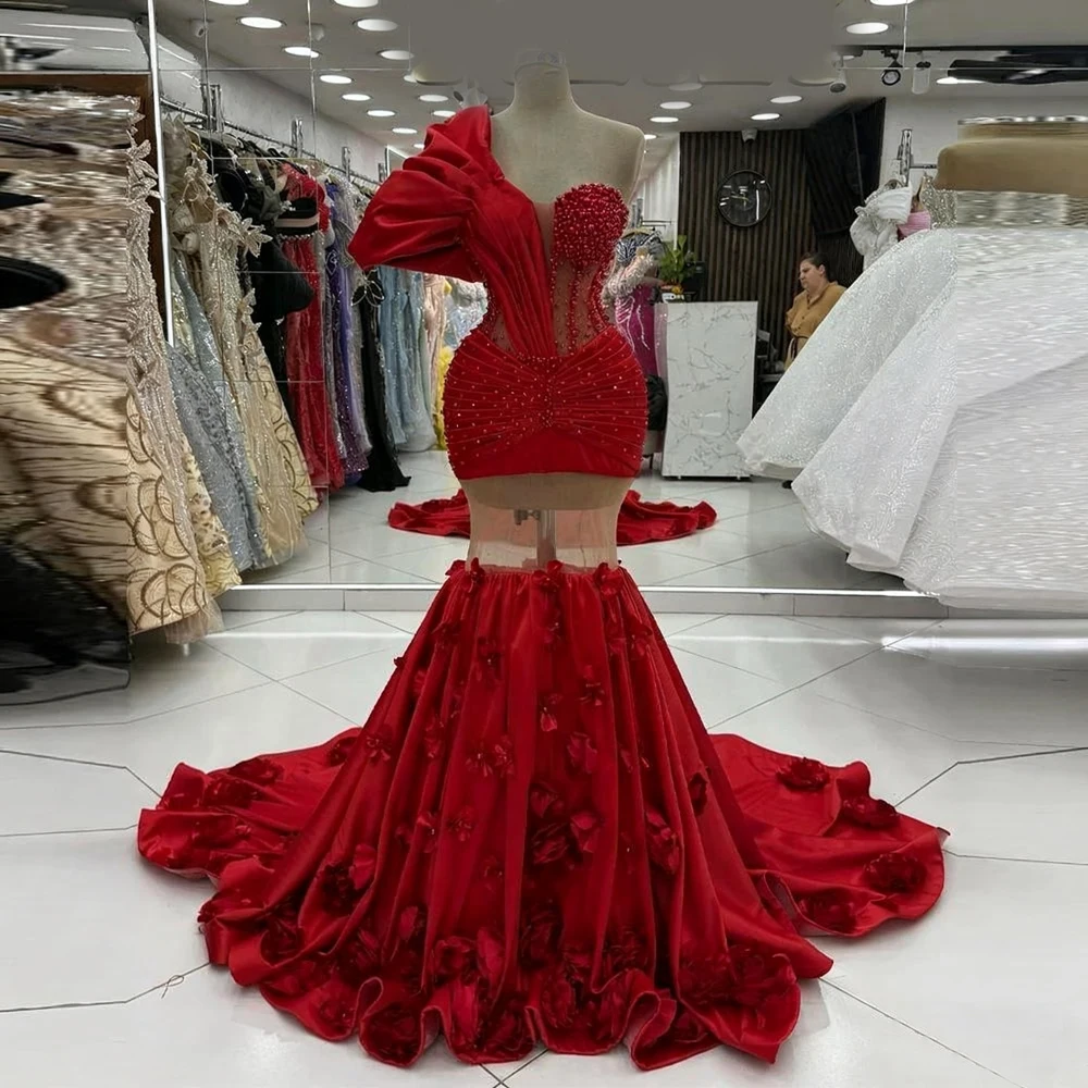 

Customized Luxury Satin Mermaid One Shoulder Beading Pearls 3D Flowers Evening Dress High Quality Sweetheart After Party Dress