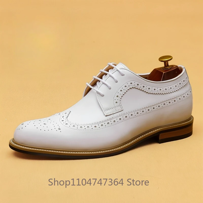 Hidden Inner Height Increase White Leather Shoes Men's Business Casual Dress Genuine Leather Brogue Carved Wedding Shoes Male