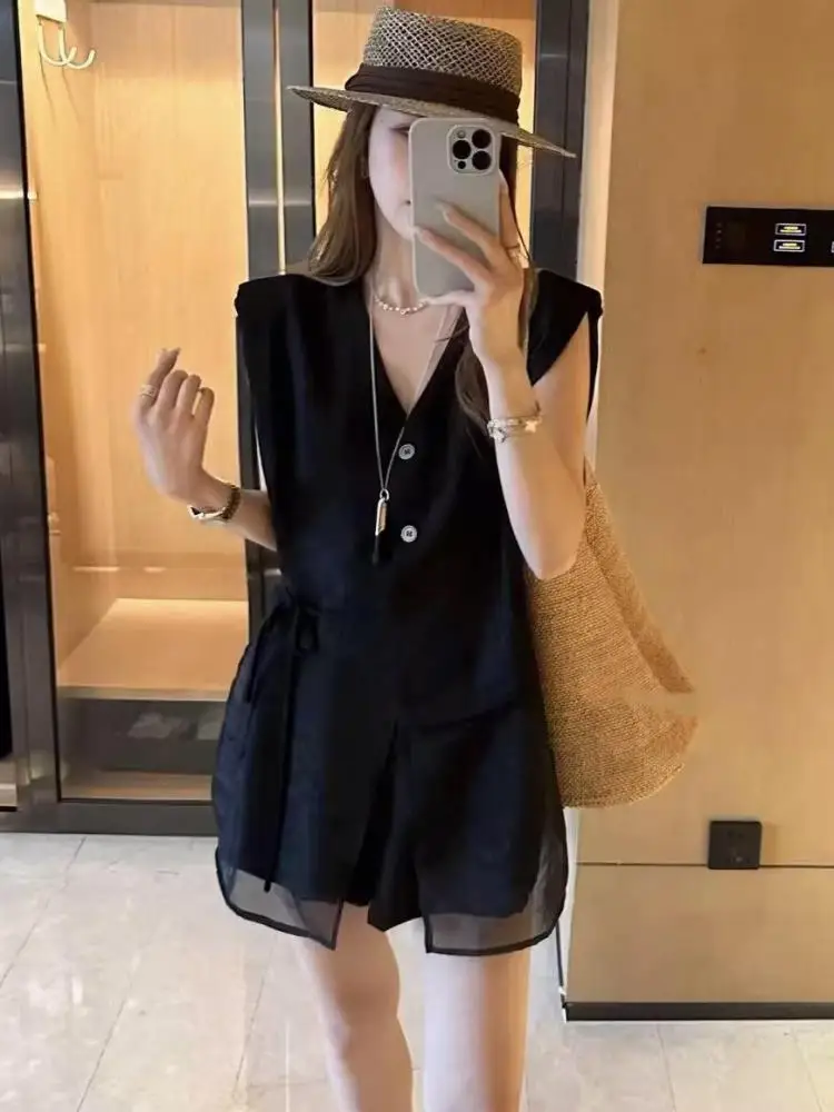 

Летний женский однотонный однобортный жилет без рукавов с v-образным вырезом + тонкие шорты с высокой талией, женский офисный повседневный комплект из двух предметов