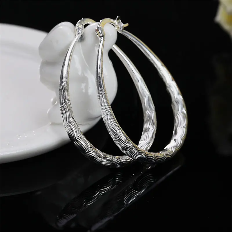 New 925 Sterling Silver Fine 30MM Texture U Hoop Earrings For Women Fashion Charm Wedding Gift Accessories Jewelry