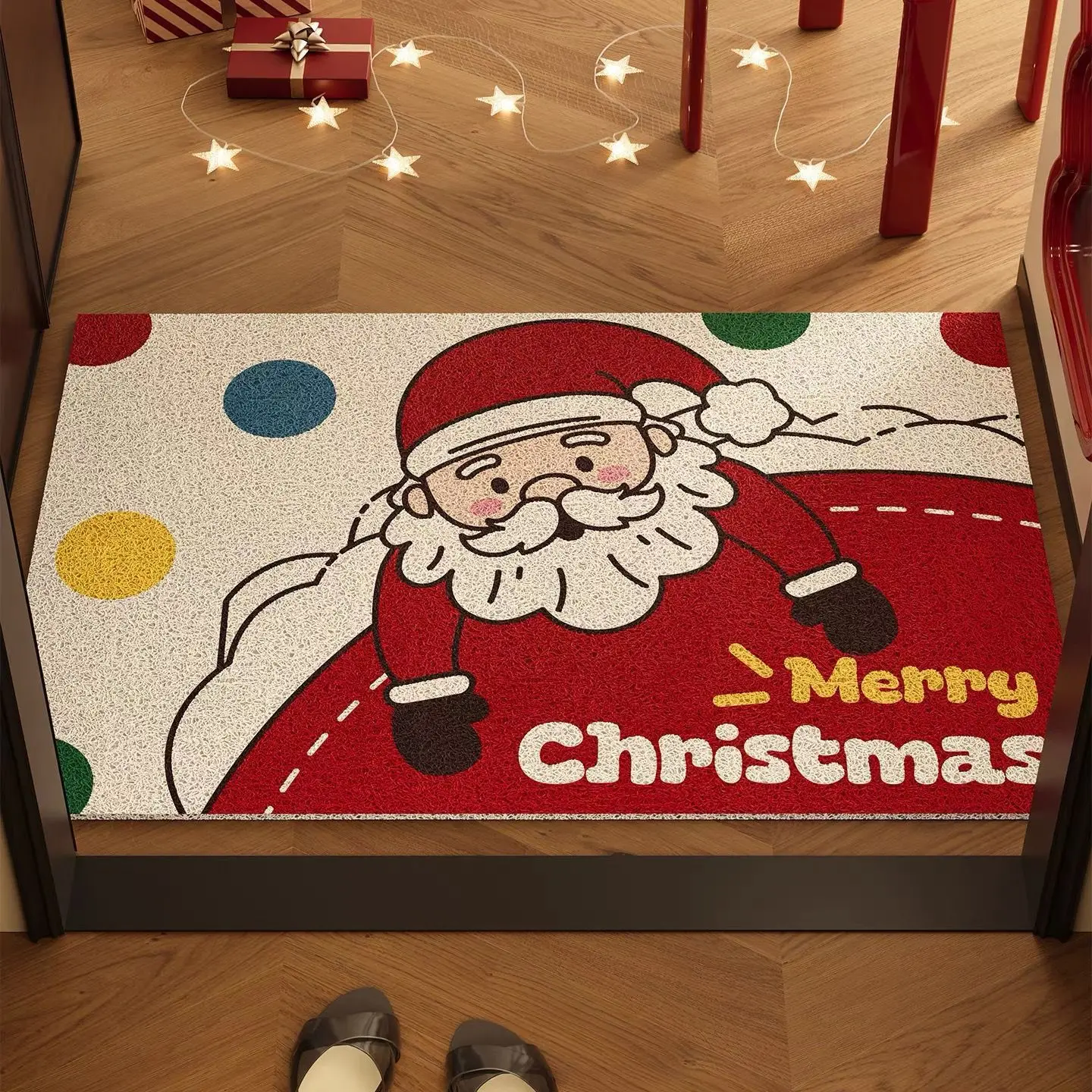 Santa Claus Christmas PVC Coil Doormat Non-Slip Dust Removal Easy Clean Wire Loop Entrance Mat for Holiday Home Decoration