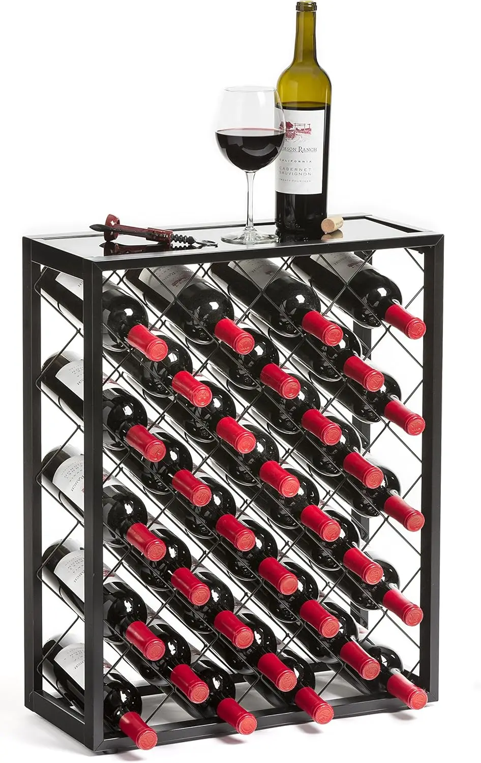 

32 Bottle Wine Rack with Black Glass Top Shelf for Home Kitchen Bar