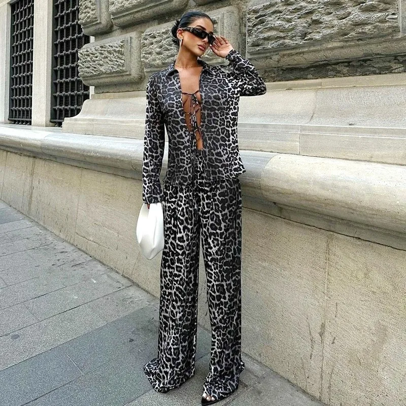 Ladies\'s Long Sleeved Shirt Straight Leg Pants Leopard Print Two-piece Set Printed Lace Up Lapel Cardigan Top Wide Leg Pants Set