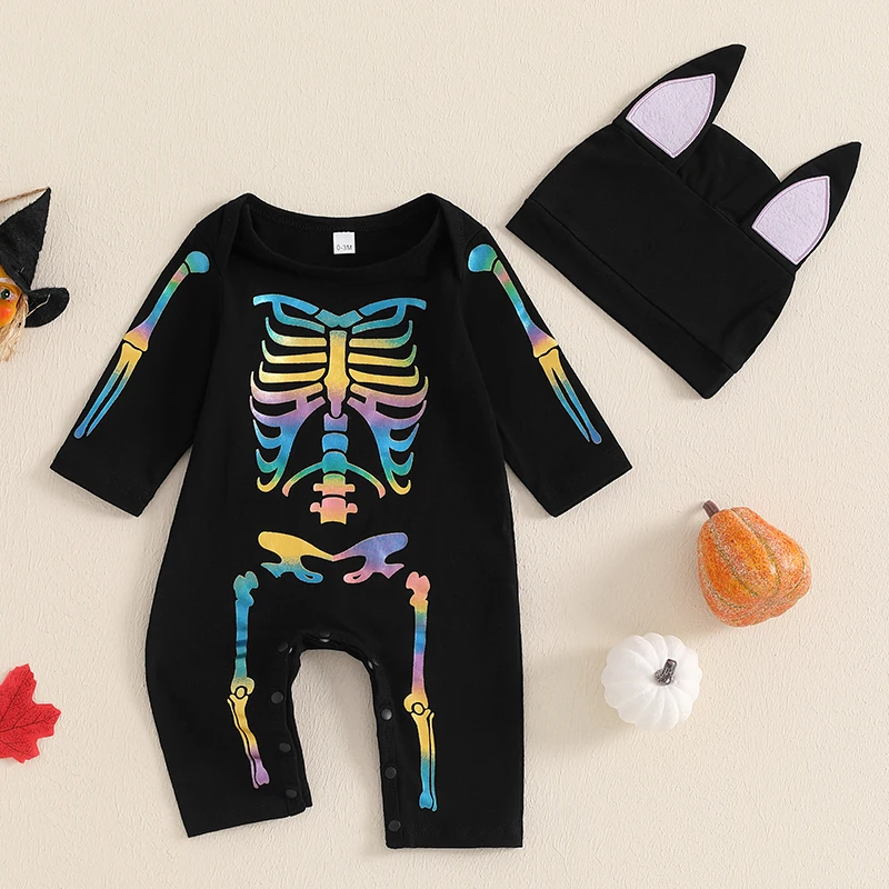 

VISgogo Baby Girls Halloween Romper Skeleton Print Long Sleeve Jumpsuits and Cute Hat Set for Toddler Infant 2 Piece Outfits