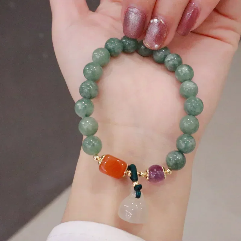 Natural Green Jade Stone Beaded Bracelet Chalcedony Lotus Pendant Stretch Elastic Jewelry Charm Yoga Energy Balance for Women