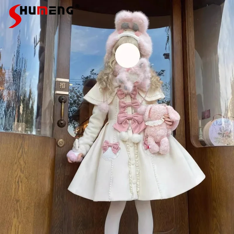 

Japanese Rojita Style Long-sleeves Pink Color Woolen Coat Cute Sweet Long Kawaii Jaquetas Single-Breasted Jacket Outwear Female