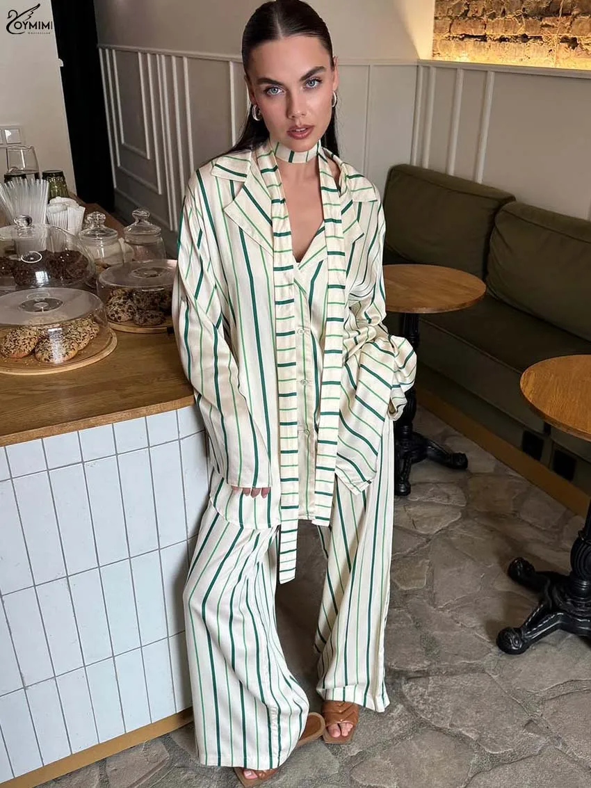 Oymimi Fashion Green Print Two Piece Outfits Woman Elegant Long Sleeve Lace-Up Single Breasted Shirts And Straight Trousers Stes