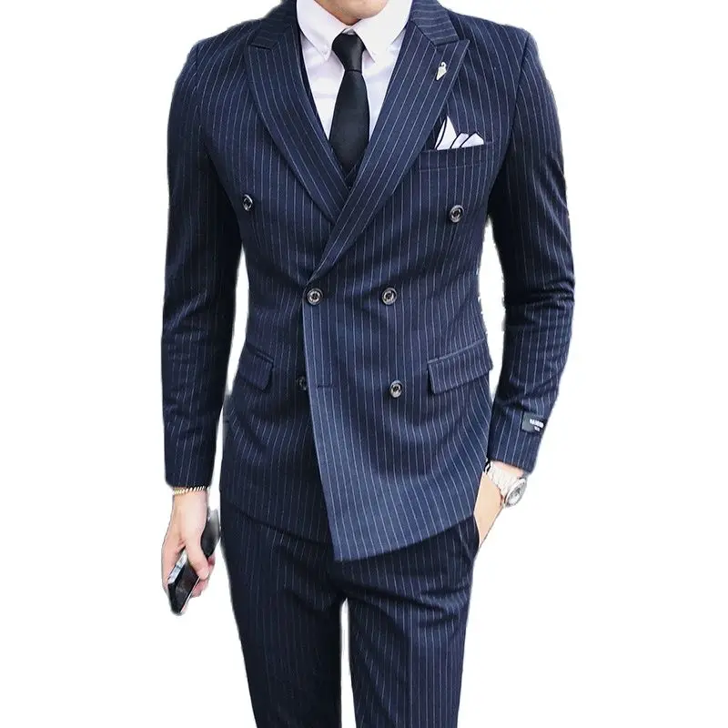 Jacket Vest Pants Boutique Stripe Formal Business Mens Suit 3 Piece 2 Piece set Groom\'s Wedding Dress Suit Navy Blue Black Gray