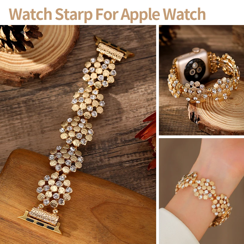 Bling Flower Diamond Metal Strap for Apple Watch Series 11 10 9 8 7 SE 6 Women Bracelet for Iwatch Band 49mm 46mm 42 41 44 45 40
