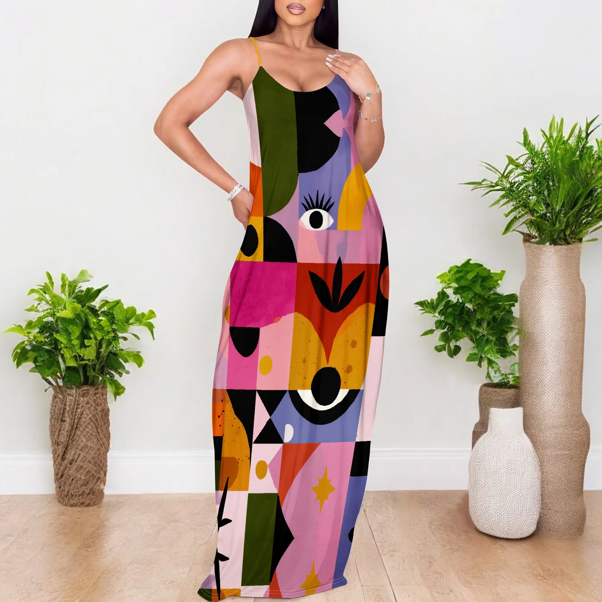 

Women's Abstract Print Maxi Dress Boho Spaghetti Strap V-Neck Sleeveless Loose Dress for Vacation Beach Wear XS-3XL
