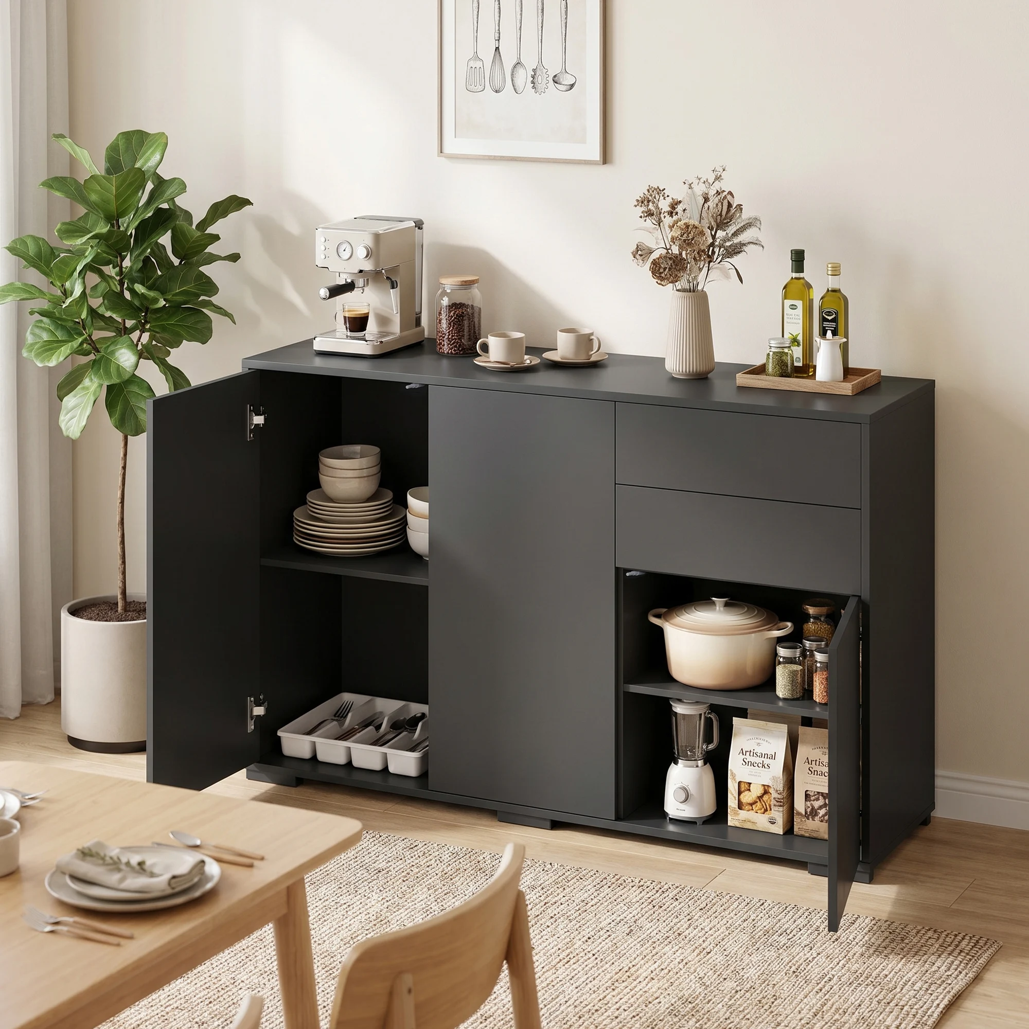 Buffet moderne à ouverture par pression, meuble de rangement autoportant avec 2 tiroirs et 2 portes, étagères réglables en hauteur, conception anti-basculement, credenza gris foncé pour salon, cuisine, couloir