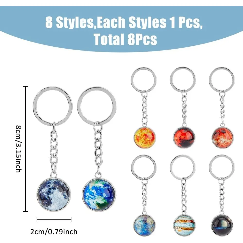 8Pcs Planet Keychain Solar System Planet Keyring Glow in The Dark Luminous Galaxy Keyring for Car Keyring Ornament making kit