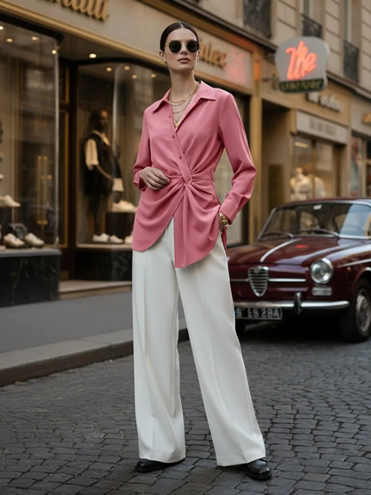 Yeezzi Women's Twisted Waist Long Sleeves Office Lapel Shirts 2026 New Solid Color Pleated Asymmetrical Hem Trendy Lapel Blouses