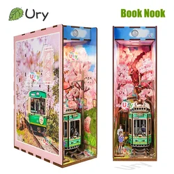Ury 3D Wooden Puzzle Magic Japanese Style Cherry Blossoms Sakura Tram Station LED DIY Book Nook Shelf Insert for Xmas Gift