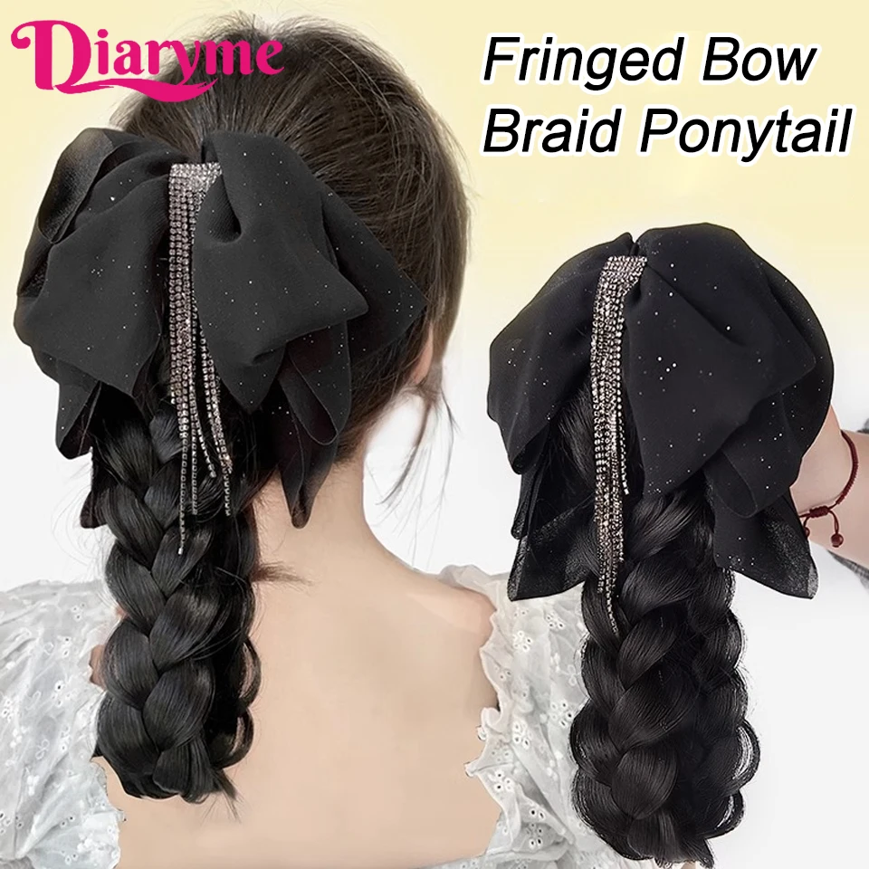 Claw Clip Braided ponytail Wig Female Tassel Bow Low Ponytail Natural Braided Hair Synthetic Fake Braids Ponytail Hair Extension