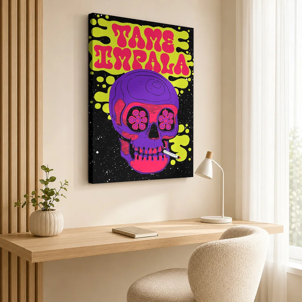 Tame Impala Purple Skull Framed Canvas Print Personalized Photo Geometric Color Blocking Wall Art For Music Studio Reception