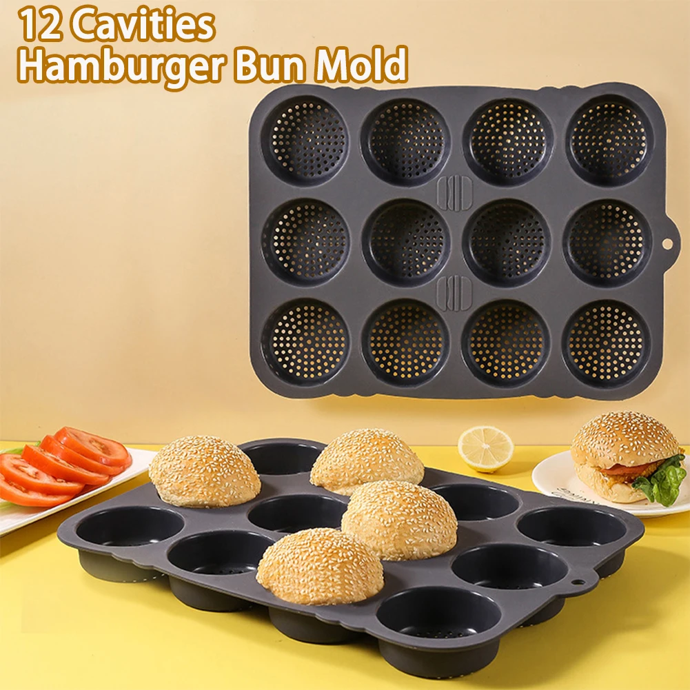 Hamburger Bun Mold Baking Hamburger Bread Pan Non-Stick Silicone Mold Dishwasher Safe 12 Cavities for Burger Buns Kitchen Tool