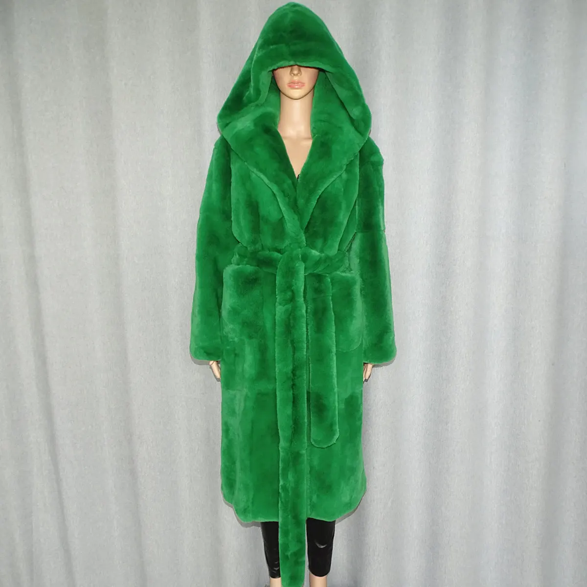 Imagem -02 - Inverno Novo Real Rex Pele de Coelho Grama Cabolsa de Pele Natural Longo Feminino Wear Verde 2023