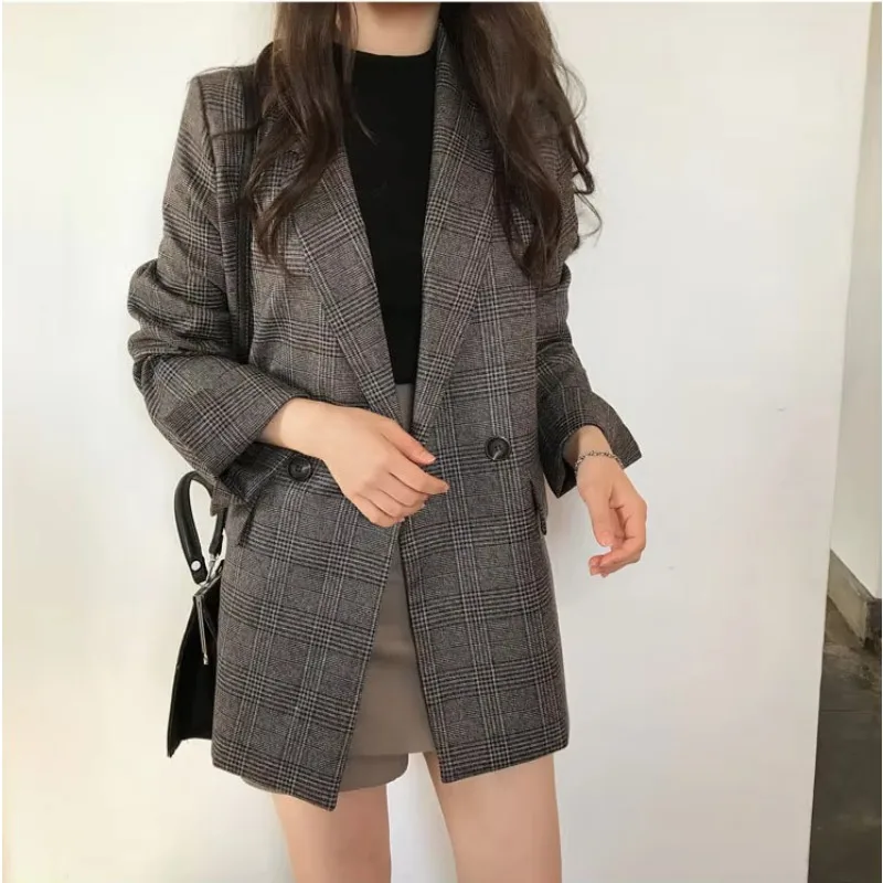 Spring Autumn New Style Loose Sense of Design Retro Mid-length Plaid Small Suit OVERSIZE Plaid Blazer Women's Coat