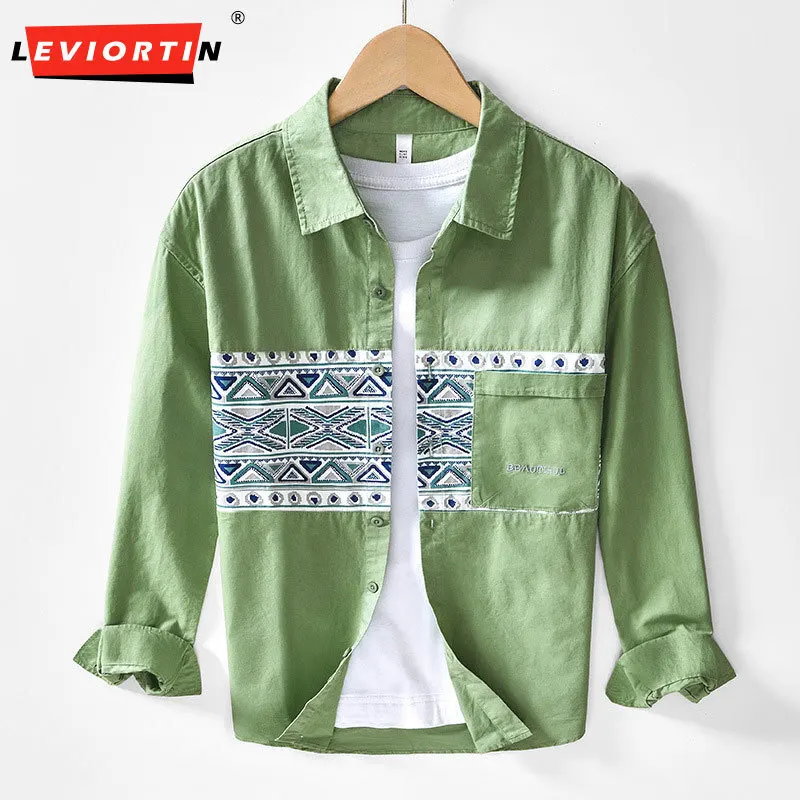 

2024 Autumn New Retro Casual Color blocked Long sleeved Shirt with Personalized Printed Cotton Comfortable Simple Loose Shirt