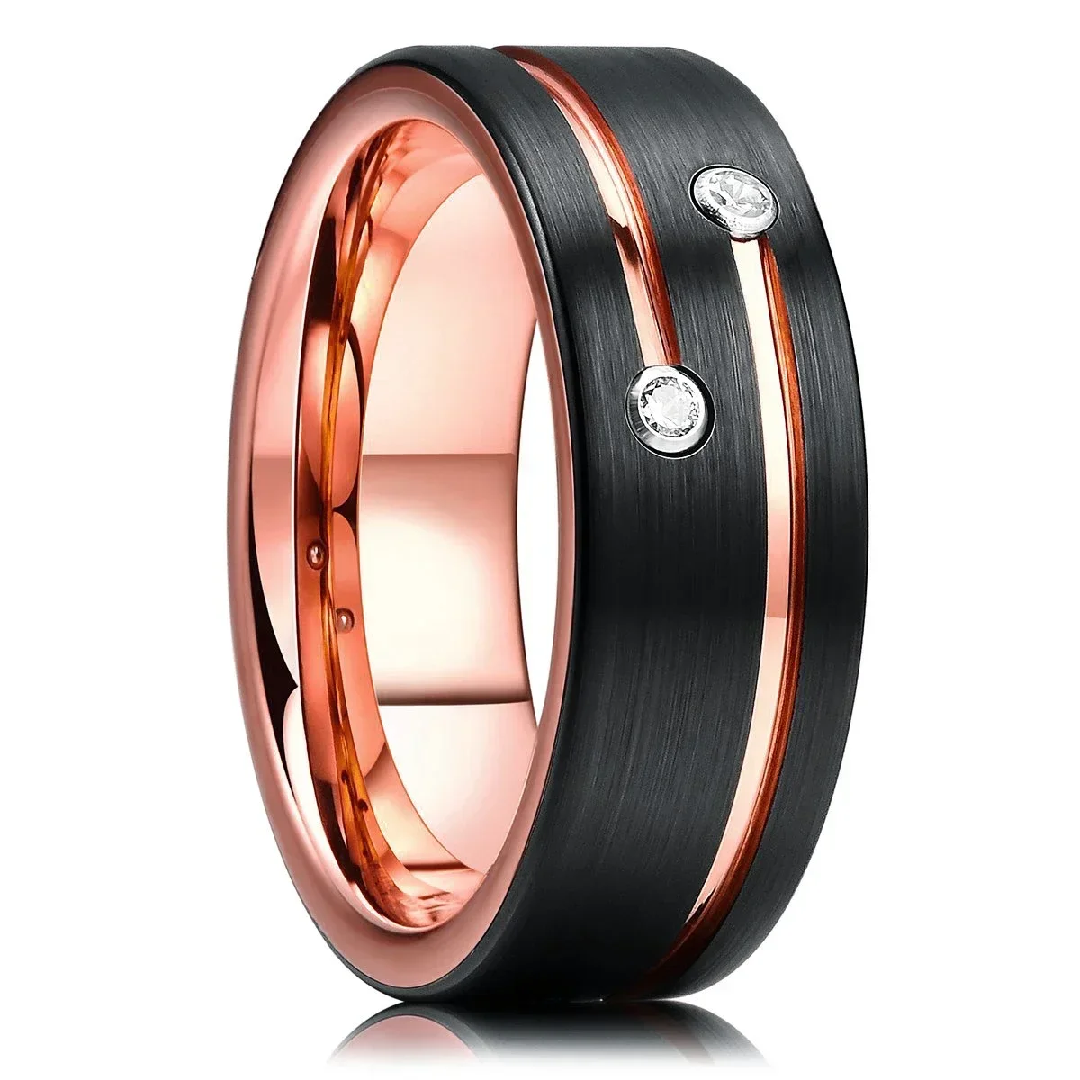 2021 Fashion 8mm Men's Rose Gold CZ Tungsten Carbide Ring Thin Rose Gold Line Groove Black Brushed Men Ring Wedding Band Jewelry