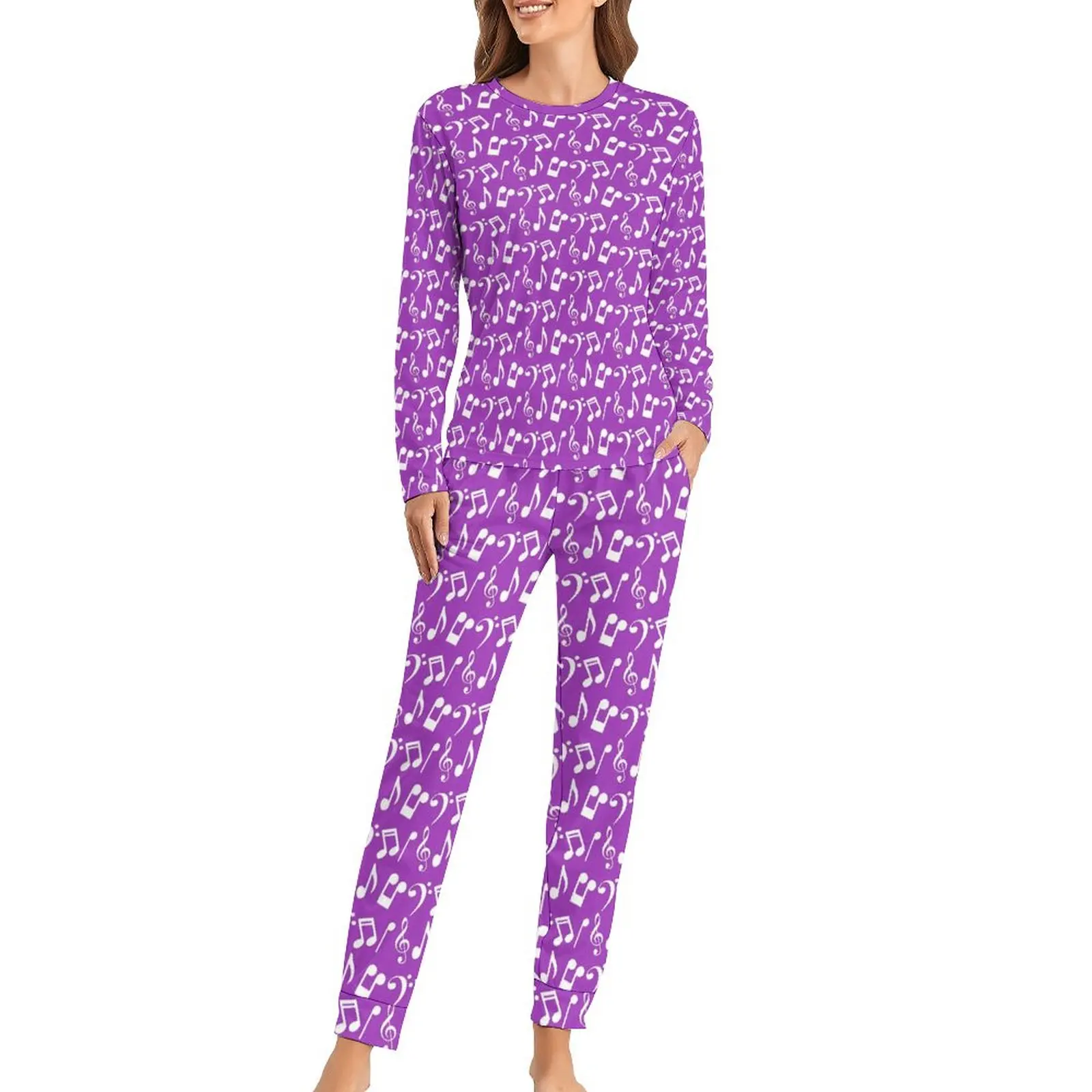

Пижама с музыкальными нотами, Женская Осенняя Пижама фиолетового и белого цветов, комплект из 2 предметов большого размера