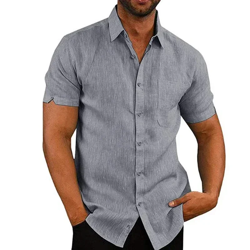 Zomer katoenen linnen shirts voor heren Casual shirts met korte mouwen Blouses Effen turn-down kraag Formele strandoverhemden Mannelijke kleding
