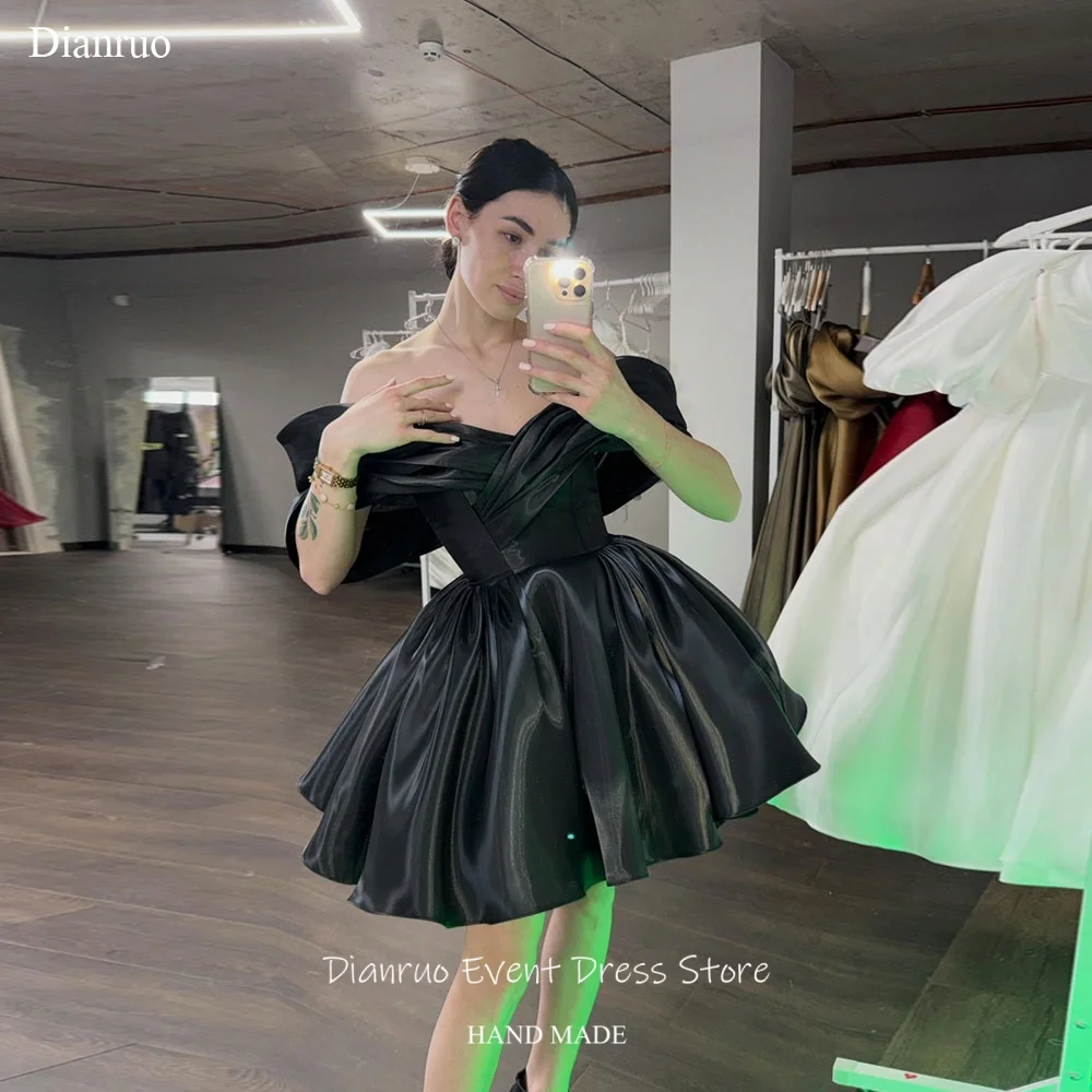 Dianruo Black Shiny Prom Dresses A Line Above Knee Birthday Dresses Pleated Off Shoulder Modern Wedding Guest Dresses Customized