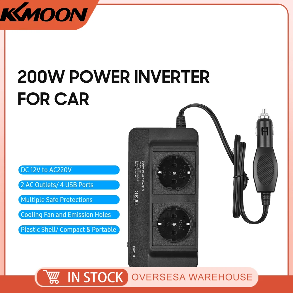 200W Car Power Inverter DC 12V to AC 220V Converter with 2 AC Outlets 4 USB Ports On/ Off Switch Safe Protection Portable Car