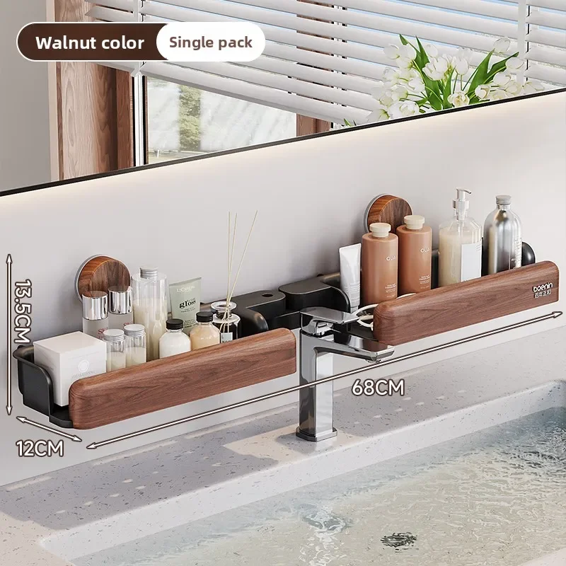 

Wooden Suction Cup Bathroom Shelf Wall Mounted No Drill Faucet Organizer