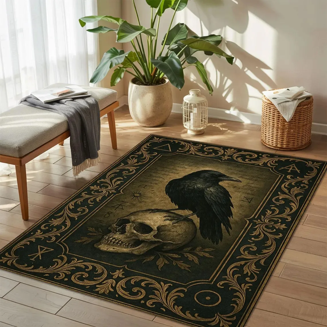 Raven Skull Gothic Teppich Okkult Krähe Dekor, Dark Academia Teppich, Mysterious Witchy Home Teppich, Creepy Goth Room Skull Art Bodenmatte