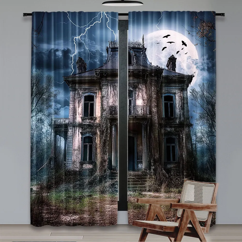 2Pcs Horrors Halloween Haunted House Curtain Retro Shabby House Halloween Party For Living Room Bedroom