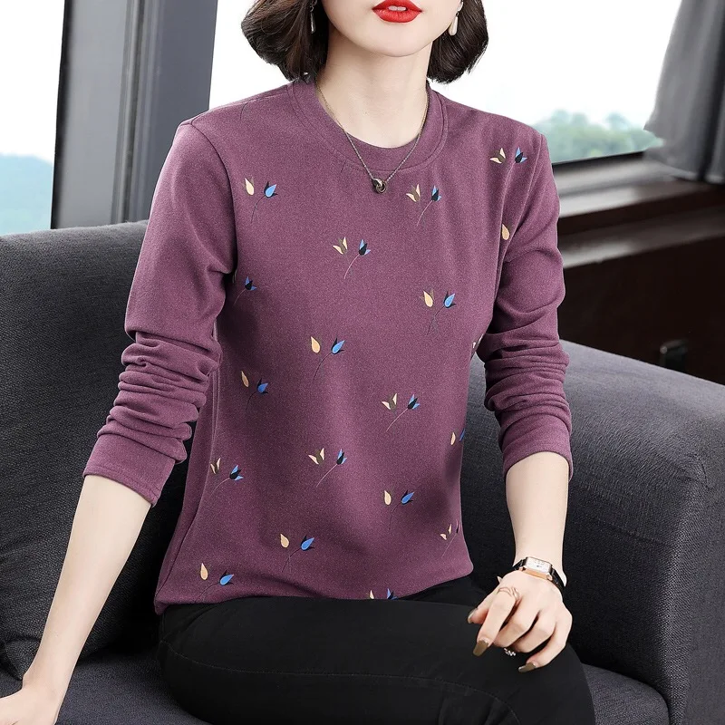 2024 New Autumn Winter Velvet Base Layer Top Slimming Women's Leaf Print T-shirt Warm Long Sleeve Female Blouses Shirt