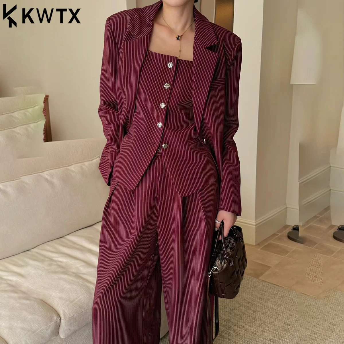 KWTX Conjunto de 3 piezas para mujer con chaleco, chaqueta con cinturón y cuello redondo, ligera, holgada, informal, cómoda, elegante, otoño 2025