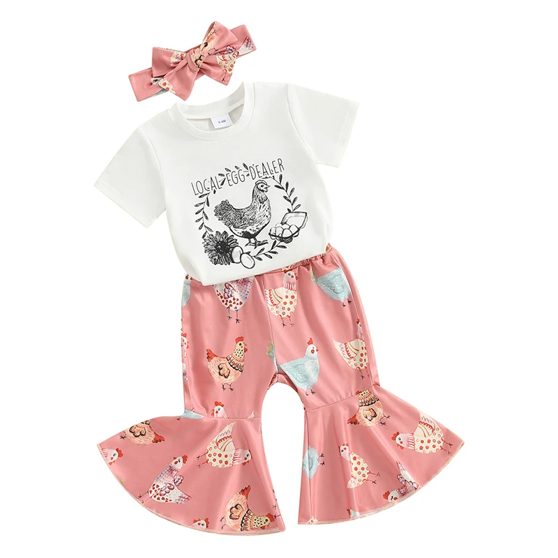 

Kids Girls 3 Piece Outfits Chicken Print Short Sleeve T-Shirt and Flare Pants Headbands Set Summer Clothes