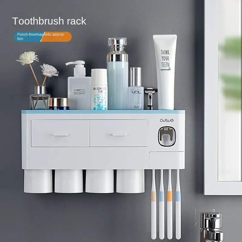 Toothbrush Bathroom Accessories Set Wall Mount Storage Rack Toiletries Storage Toothpaste Dispenser with Cup  Mug Holder Rack