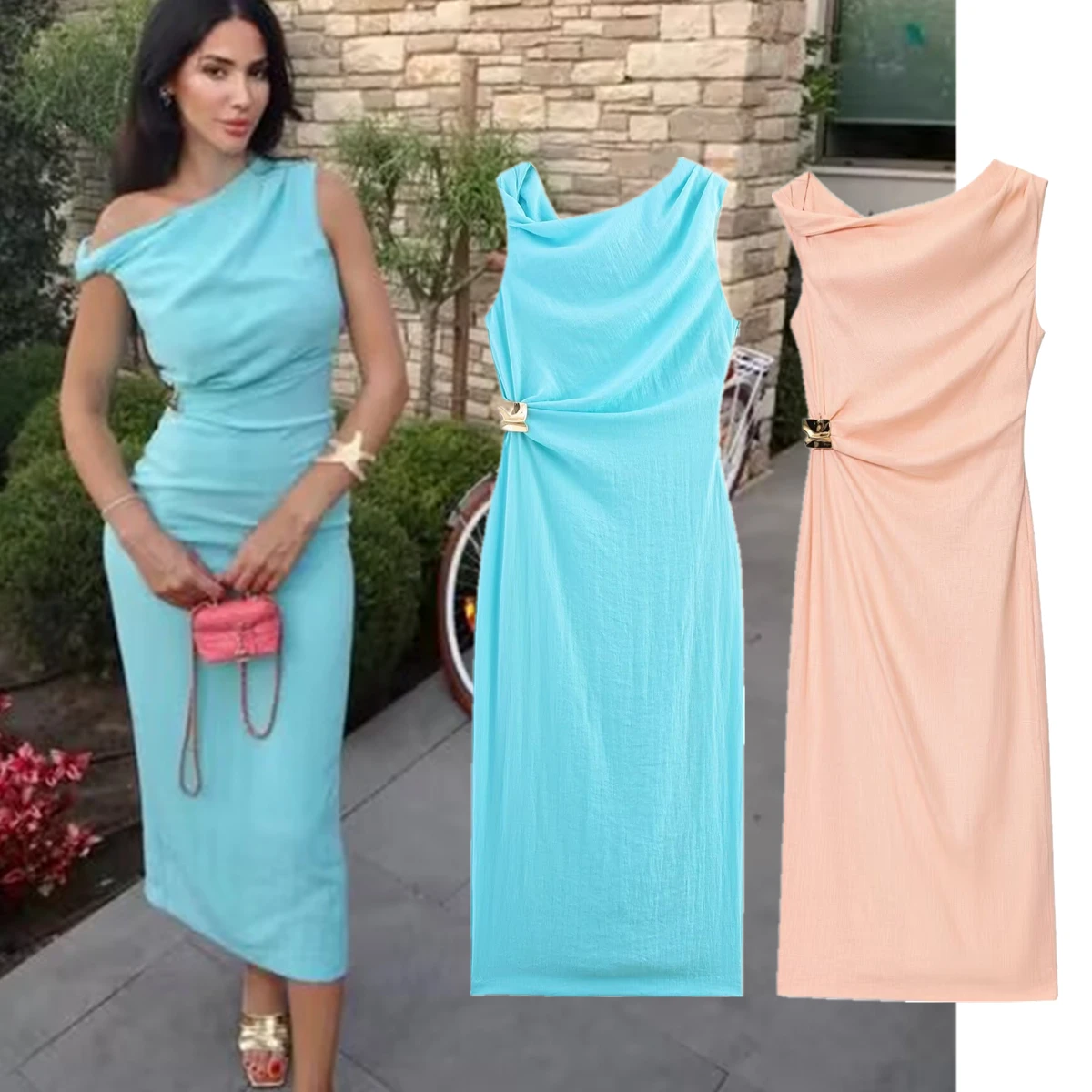 

Maxdutti French Retro Bamboo Linen Pleated Dress Women's One Shoulder Sexy Party Dress Evening Dresses Party Dresses Vestidos