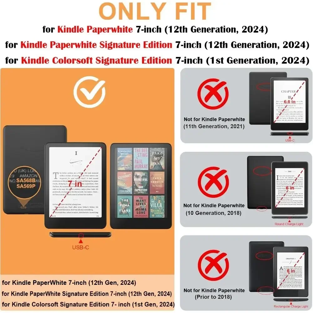 

Чехол для Kindle Paperwhite 2024 (12-го поколения) Colorsoft, 7-дюймовый чехол для чтения электронных устройств, тонкий защитный чехол из искусственной кожи с автоматическим пробуждением/сон.