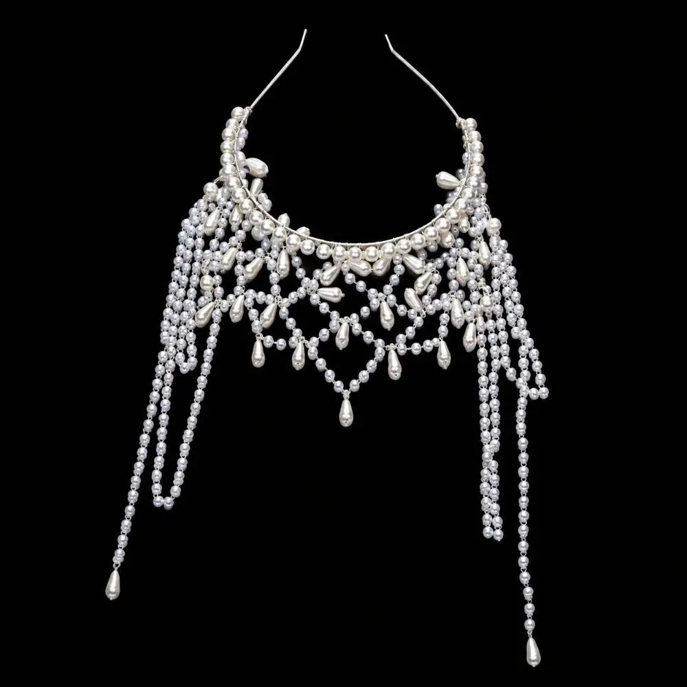 Handmade Imitation Pearls Bridal Head Chain Tassel Multi-Layer Forehead Hair Jewelry Waterdrop Beaded Dangling Fringe