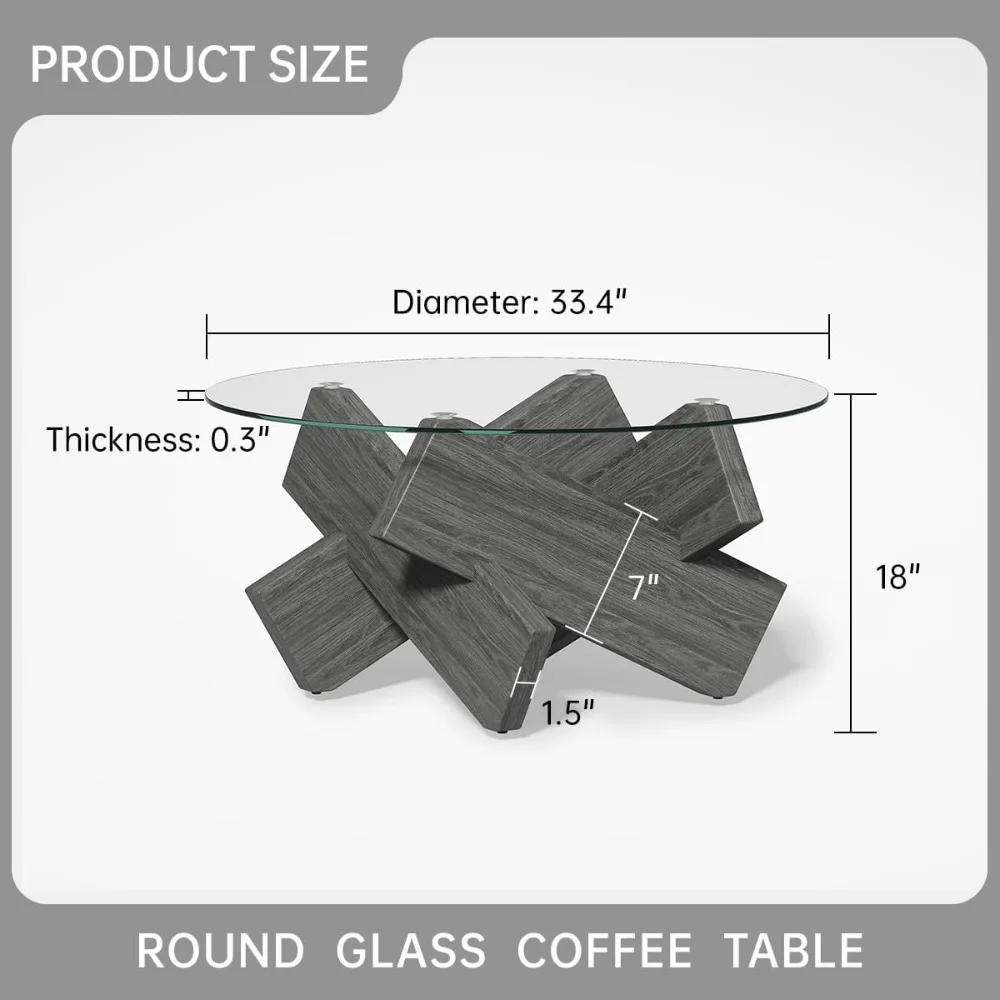 Modern Clear Glass Coffee Table 33-Inch Round Small Living Room Accent Table Suitable for Farmhouse and Contemporary Styles