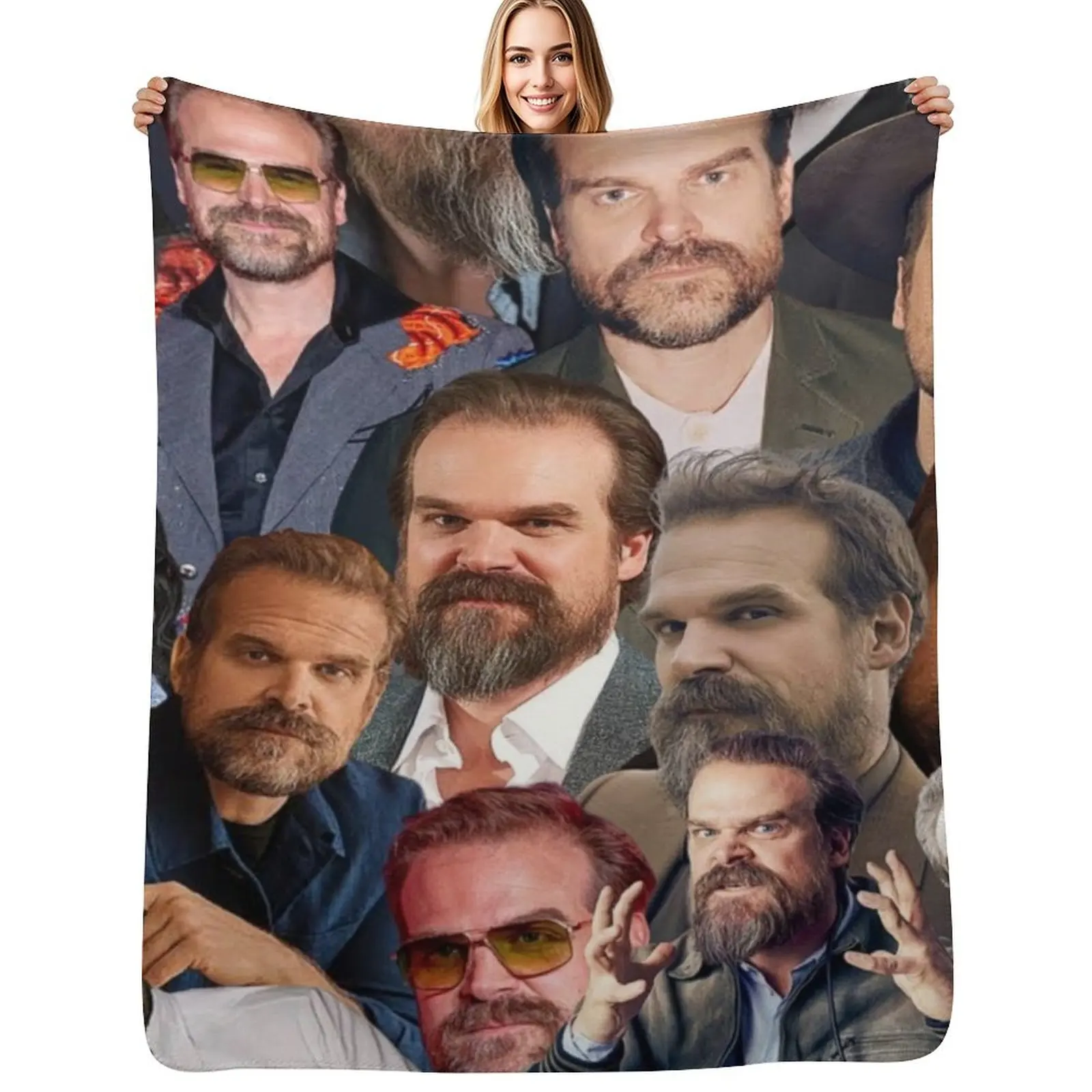 

david harbour photo collage Throw Blanket Flannel Luxury Brand Warm valentine gift ideas Blankets