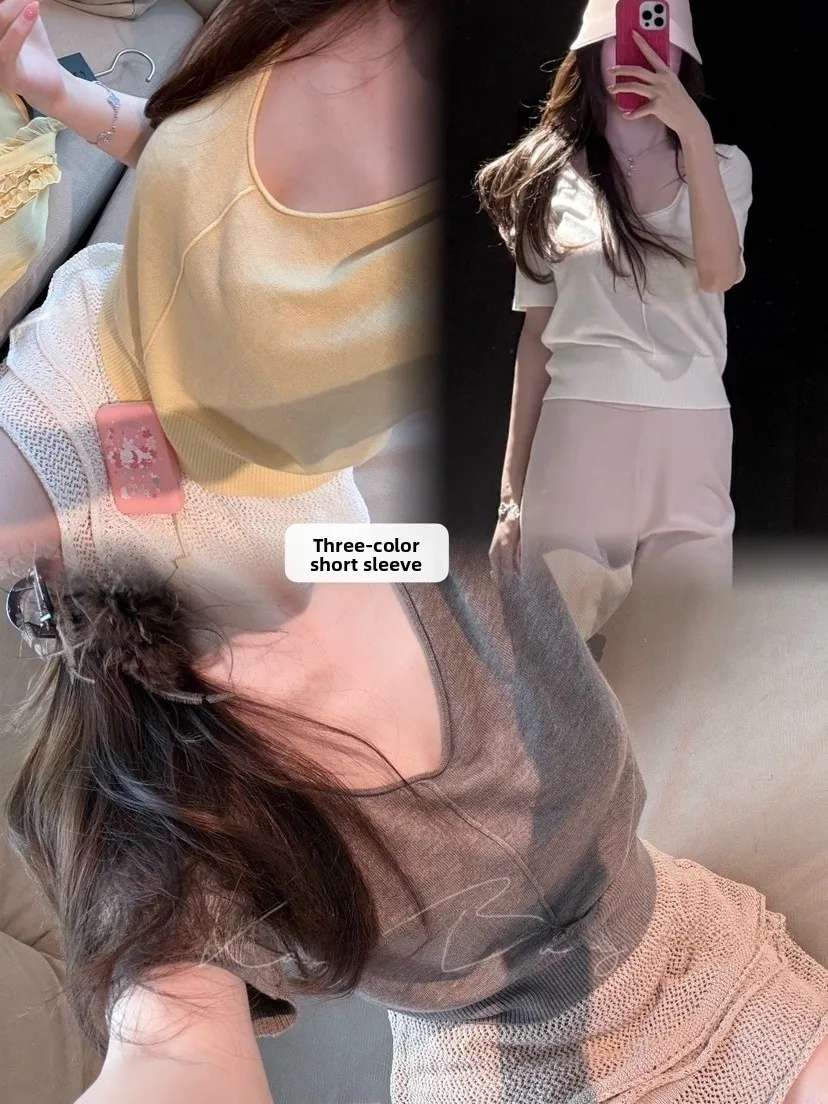 

Three-Color Lacey Short-Sleeve Knitted Top Women's Fashion Spring Summer Slimming Shirt Vintage Style High-Quality Feel