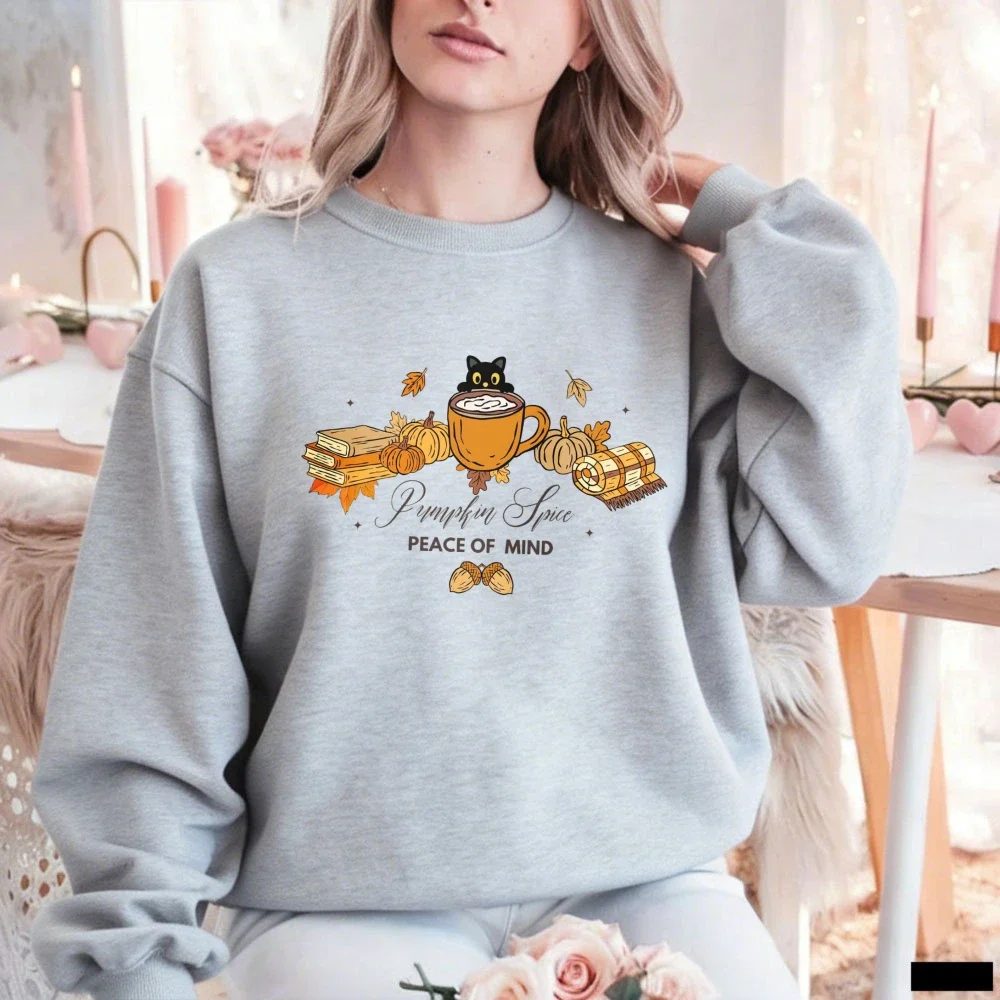 Pumpkin Spice Peace of Mind Graphic Crewneck Sweatshirt Autumn Black Cat Coffee Book Pumpkin Maple Leaf Pullover Top for Women view 5