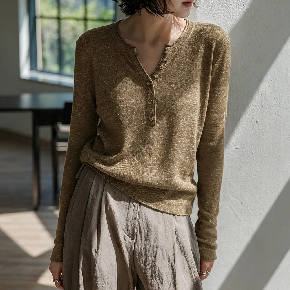 Pullover Long Sleeve Top Regular Fit Casual with Henley Neckline Button Placket Women Skirt Autumn Date Daily Commute Chic