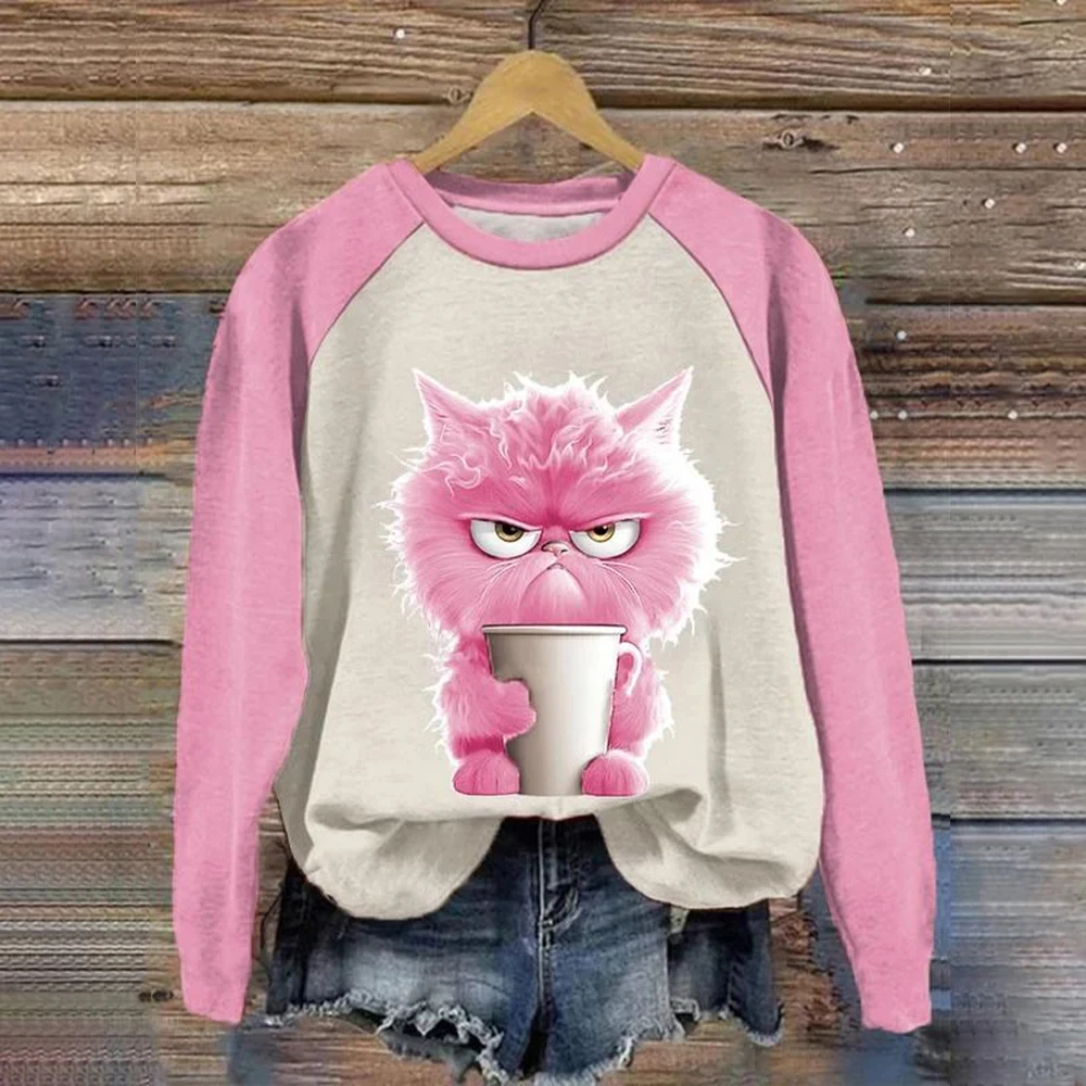 Women O-Neck Tops Funny Cute Cat Art Print Casual Hoodie Sweatshirt Kawaii Animals Pattern Pullover Female Clothing