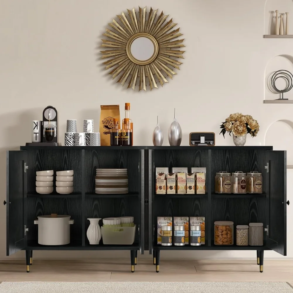 Black Buffet Sideboard Cabinet, Rattan Sideboard with Natural Rattan Doors, Black Rattan Console Table with Storage