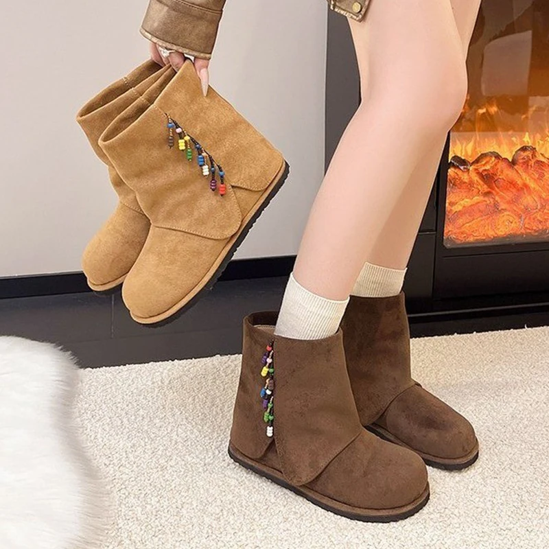 مطرز النساء حذاء من الجلد الشقق أحذية امرأة غير رسمية 2025 موضة أحذية الثلوج قصيرة الشتاء المشي الجلد المدبوغ أحذية تشيلسي بوتاس موهير #5