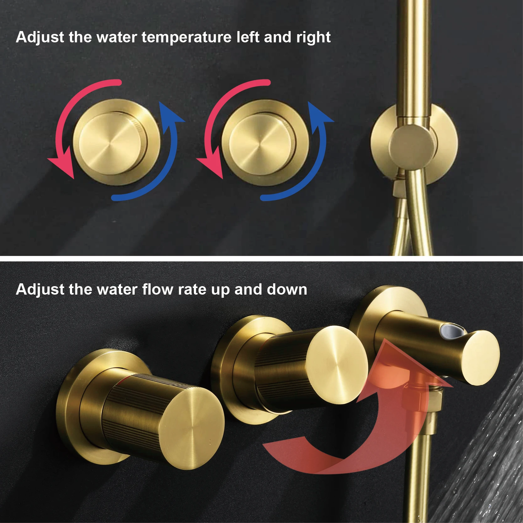 Minimalist Brushed Gold Wall Mount Shower System 2 Way Hot Cold Water Bathroom Rain Shower Mixer Tap Complete Shower Faucet Kit